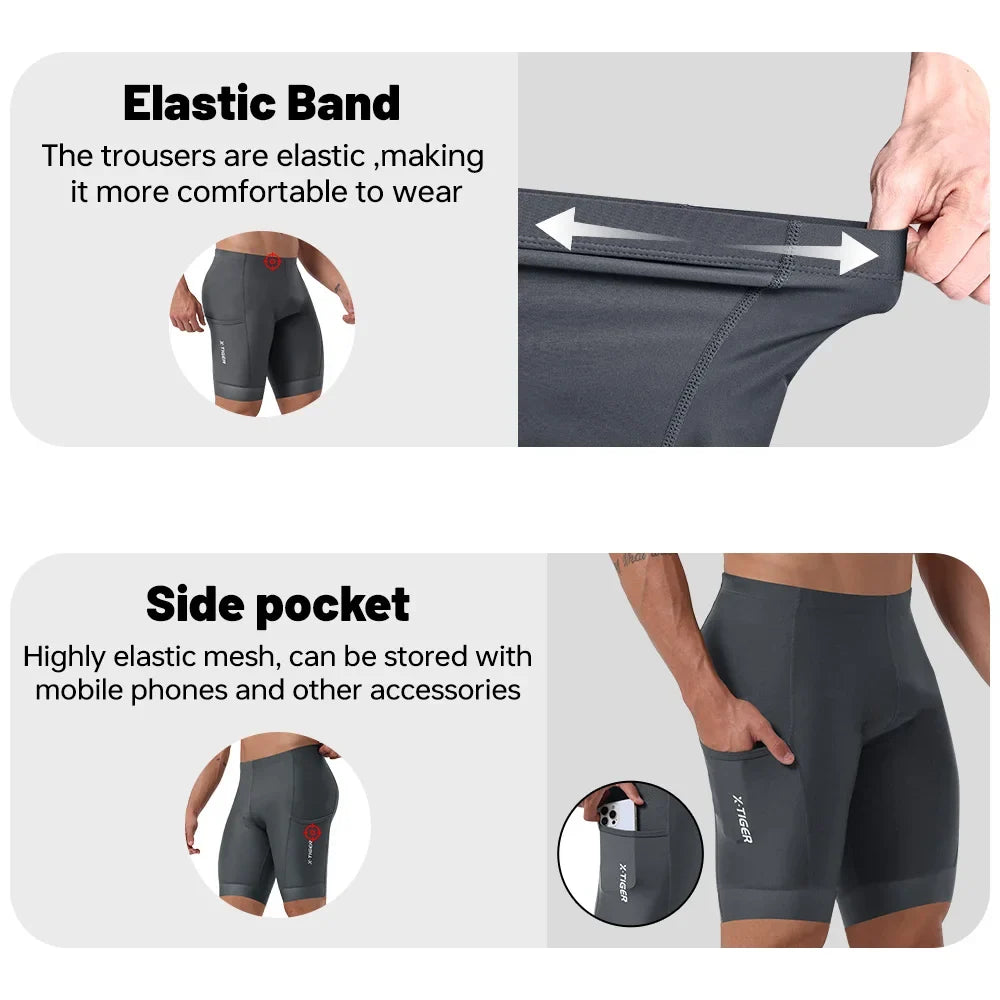 X-TIGER Men's Cycling Shorts – 5D Gel Pad & Zippered Pockets