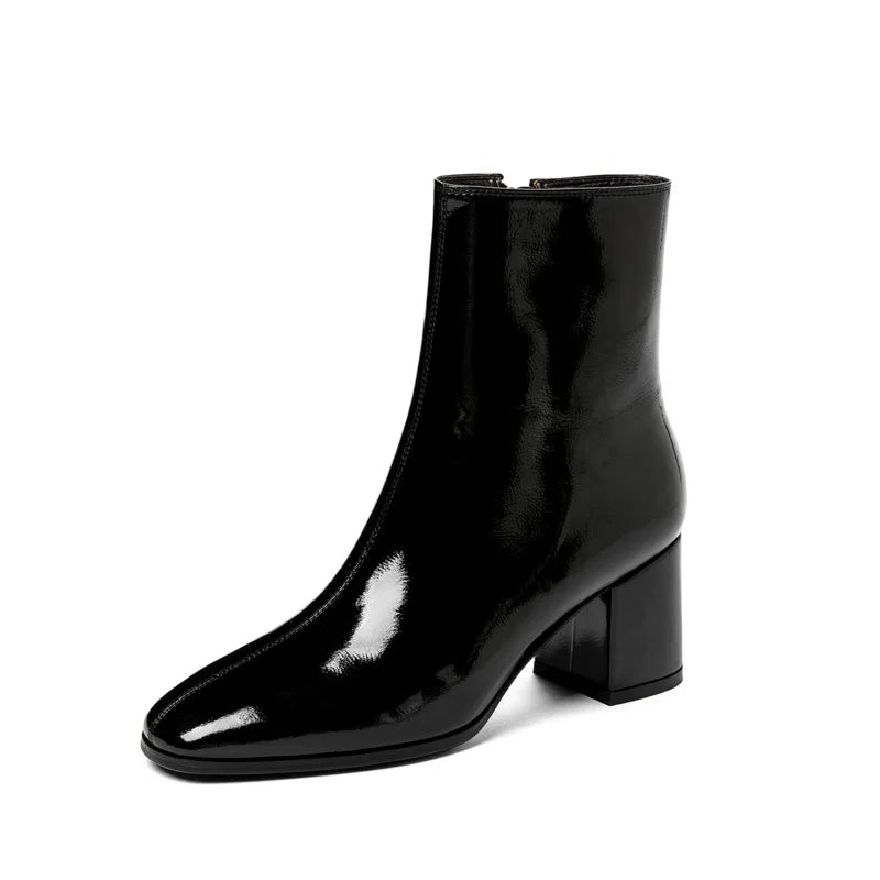 Women's White Ankle Boots – Side Zip Pointed Toe Square Heel