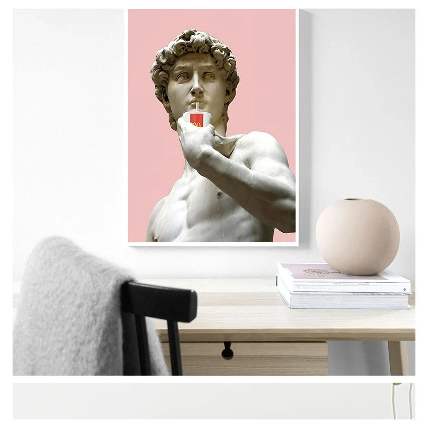 Vaporwave David Statue Canvas Wall Art | Modern Unframed Poster