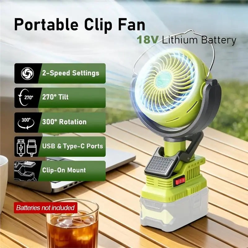 Cordless Clip Fan for Ryobi 18V Battery – Dual USB Portable Fan