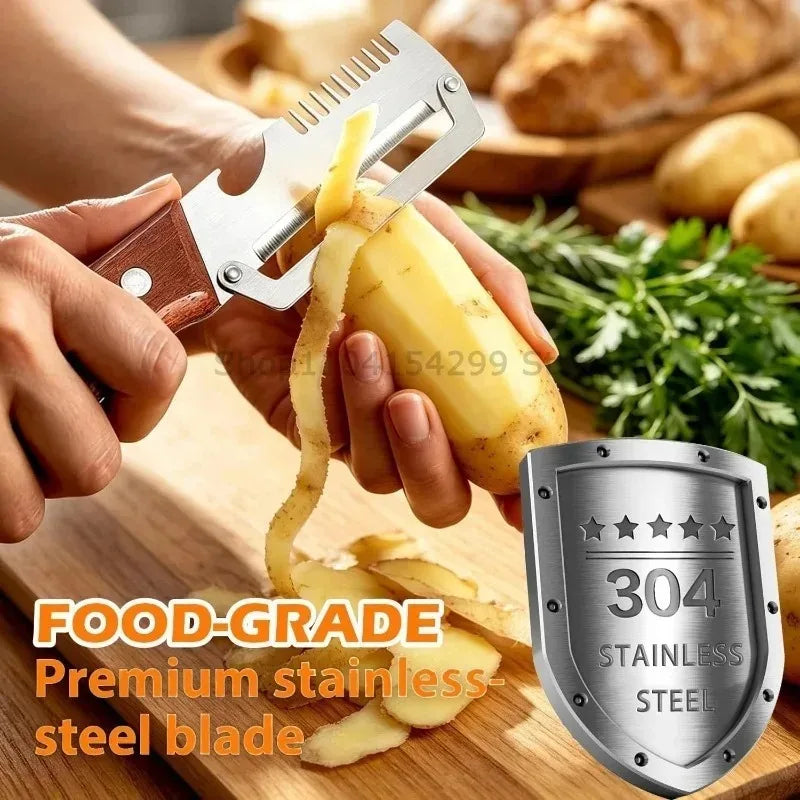 3-in-1 Wooden Handle Vegetable Peeler – Stainless Steel