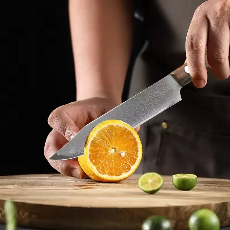 Forged Damascus Chef Knife – Wood Handle & Sleeve | 12cm Blade