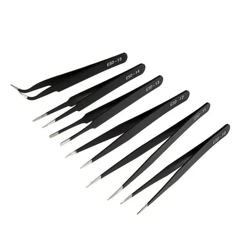 6-Piece ESD Anti-Static Precision Tweezers Set | Stainless Steel