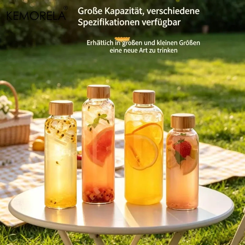 Glass Water Bottle Wooden Lid 500/750/1000ml + Cleaning Brush