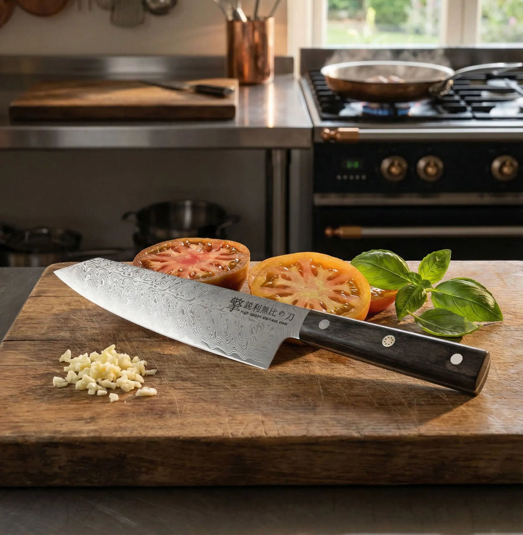 Damascus Chef's Knife – Japanese Santoku Wood Handle | 20cm