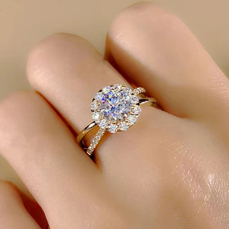 Huitan Gold CZ Wedding Ring for Women – Pavé Crystal Band