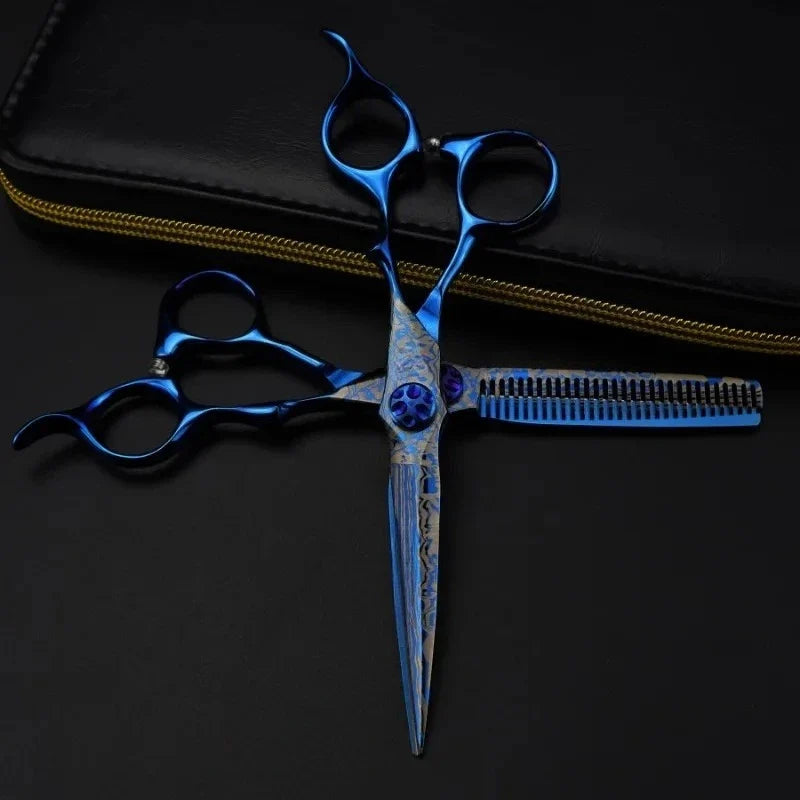 6" Blue Damascus Hair Cutting & Thinning Scissors | Pro Shears