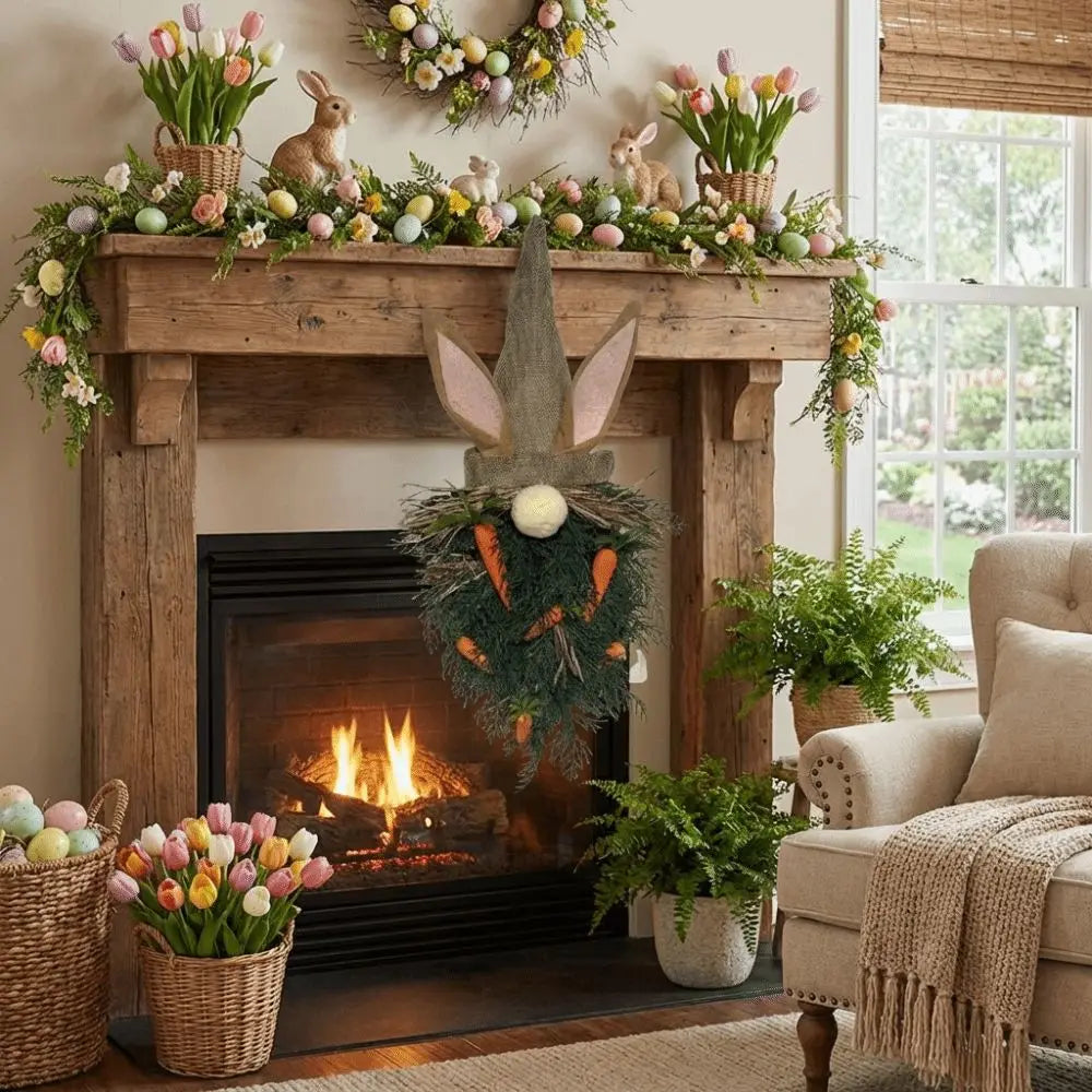 Rustic Easter Gnome Wreath | Bunny Carrot Door Hanger Decor