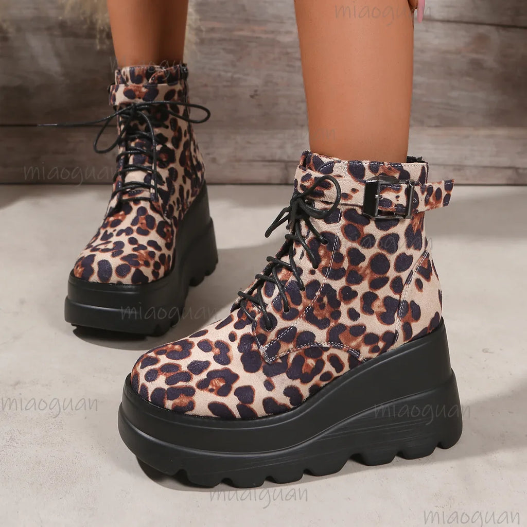Women's Leopard Print Goth Ankle Boots | Chunky Wedge Heel