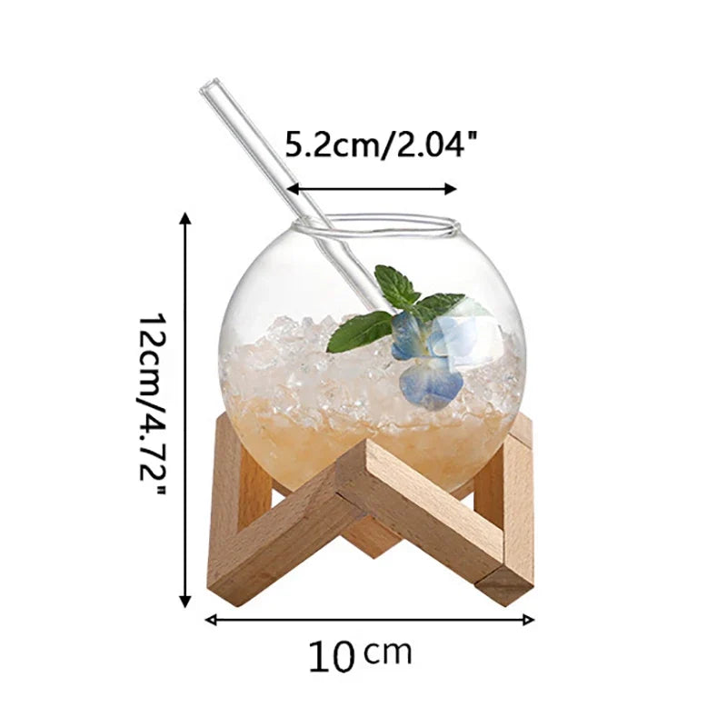 Round Ball Cocktail Glass with Wood Stand | Creative Bar Tumbler