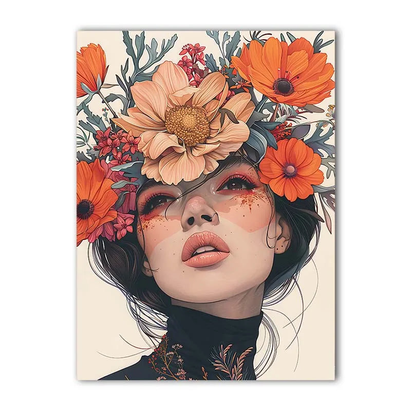 Nordic Canvas Wall Art – Woman & Flowers Vintage Poster Print