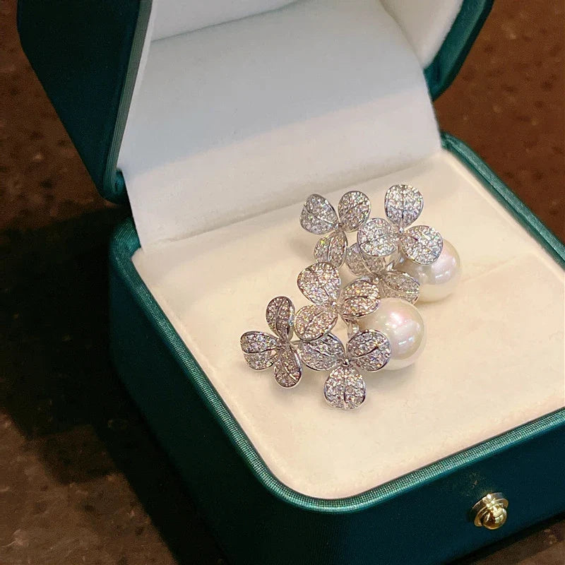 Huitan Flower Drop Earrings – Pearl & Cubic Zirconia Jewelry