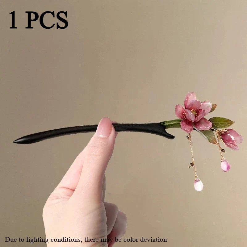 Chinese Floral Hair Stick – Pink Flower Tassel Hanfu Hairpin