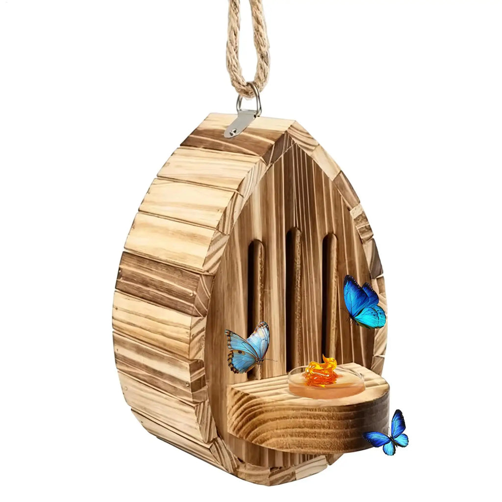 Wooden Butterfly House Natural Teardrop-shaped Shelter Feeder Nesting