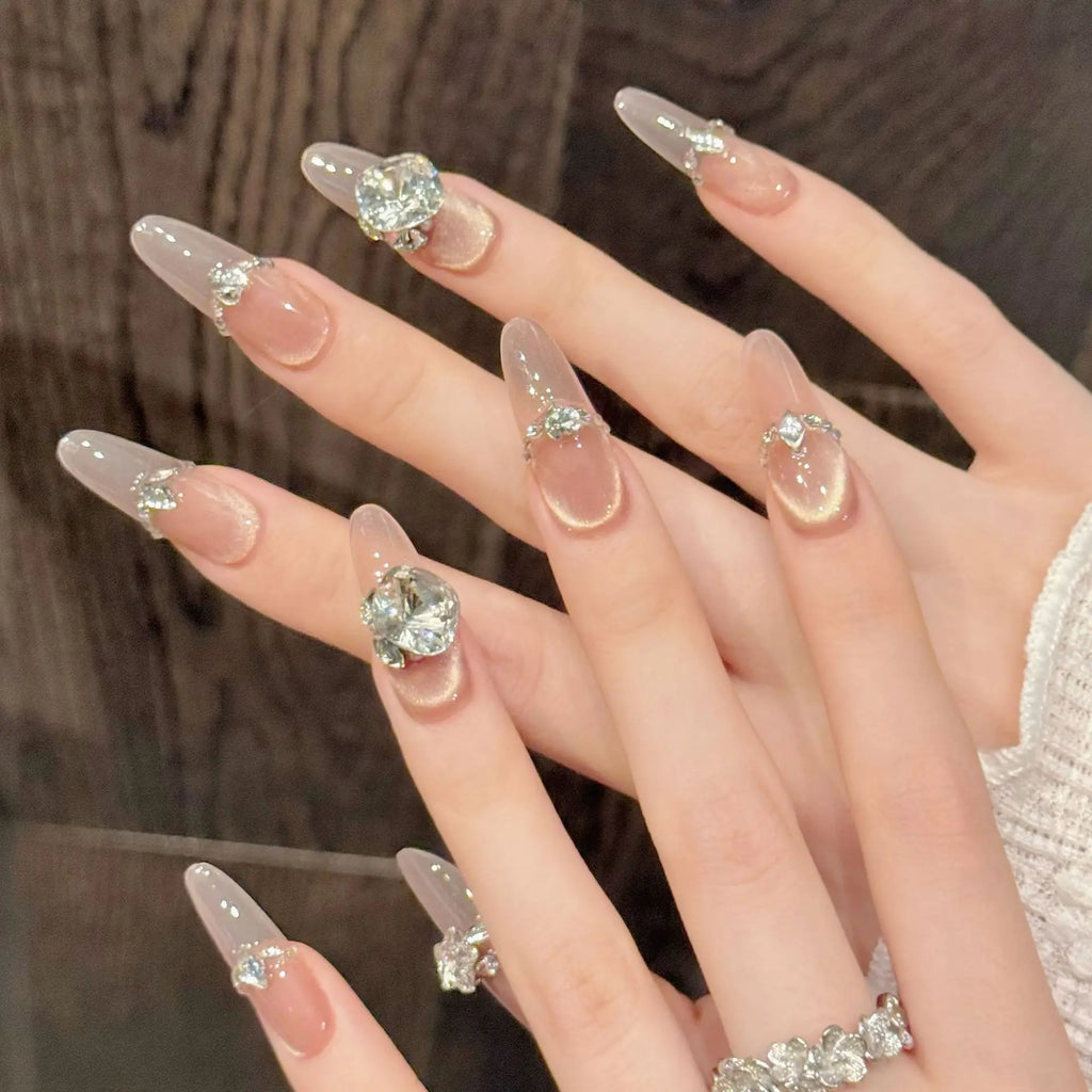 10pcs Luxury Cat's Eye Press-On Nails | K9 Diamond Champagne