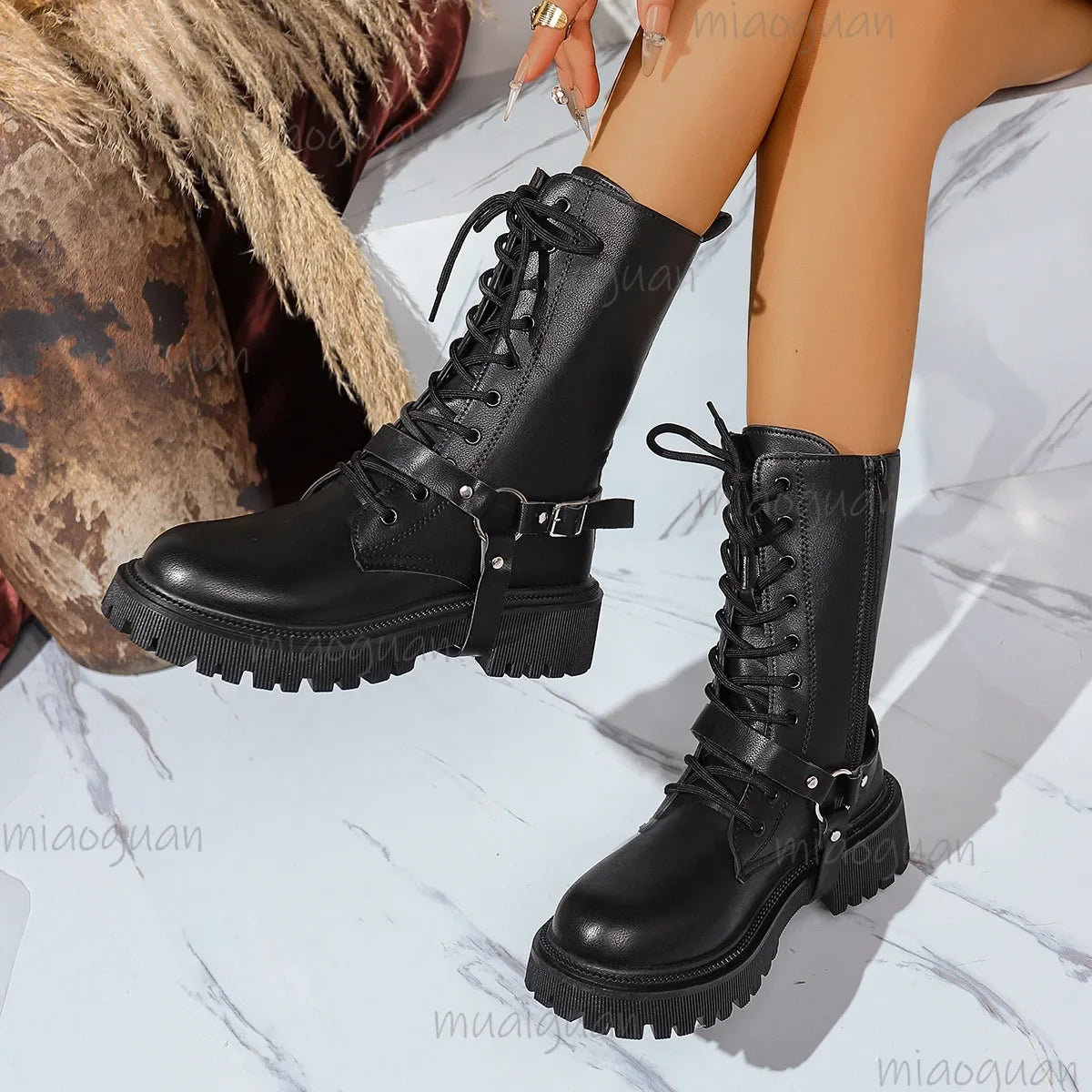 Women's Punk Mid-Calf Motorcycle Boots – Belt Buckle Zipper