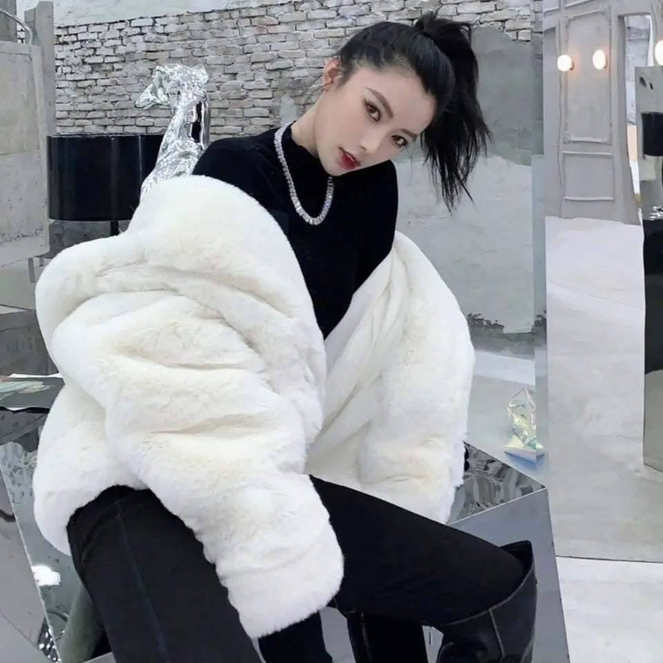 Women's Faux Mink Fur Hooded Coat – Plush Shaggy Jacket