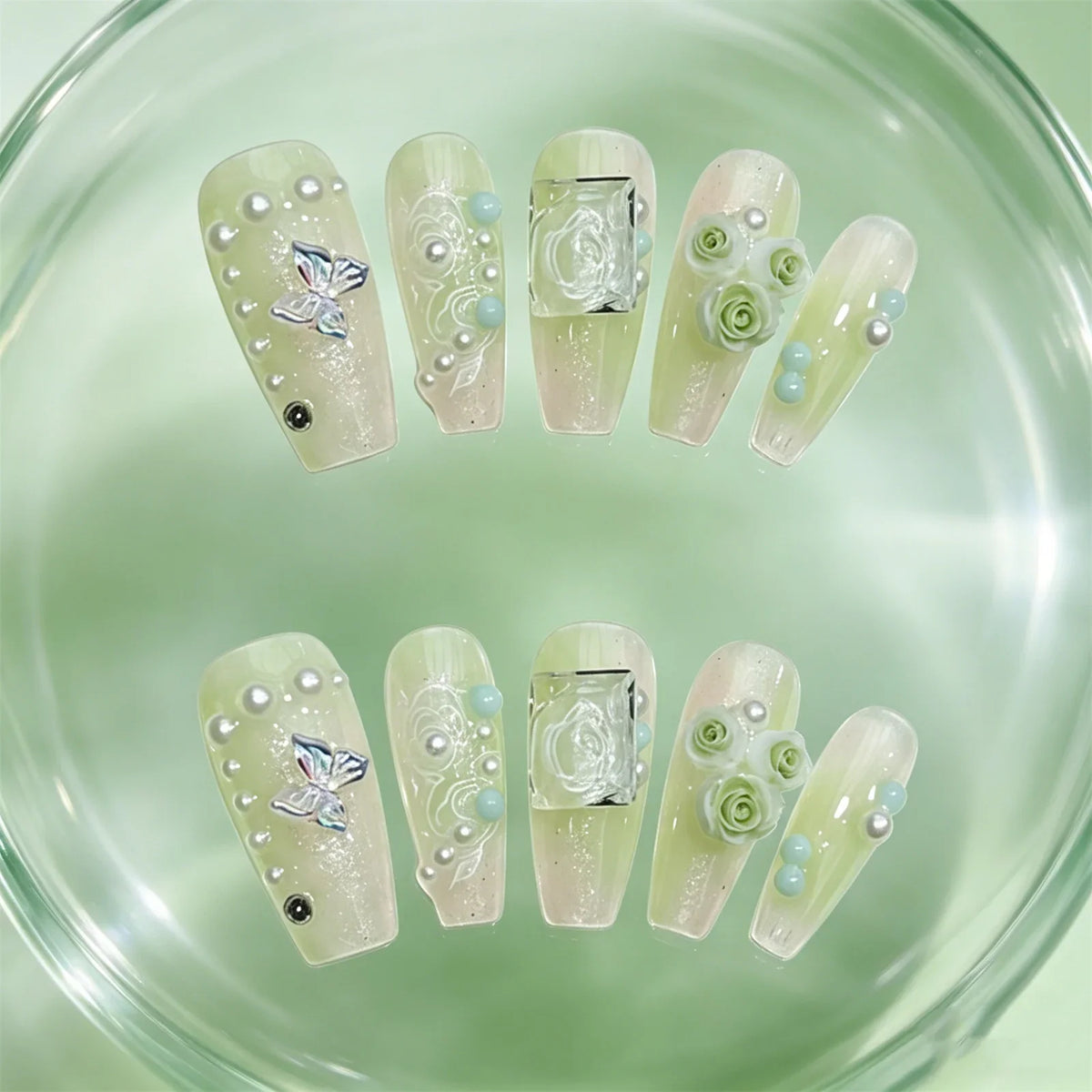 3D Rose Aurora Butterfly Press On Nails – 10pc Clear Green Set