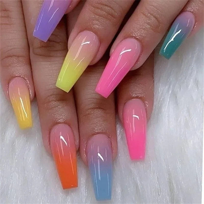 24-Piece Rainbow Coffin Ballerina False Nails – Full Cover Tips