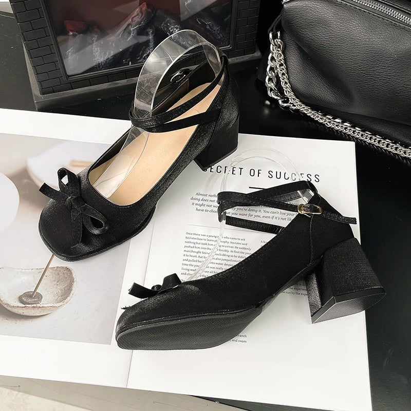 Women's Floral Mary Jane Block Heel Pumps – Bow Ankle Strap