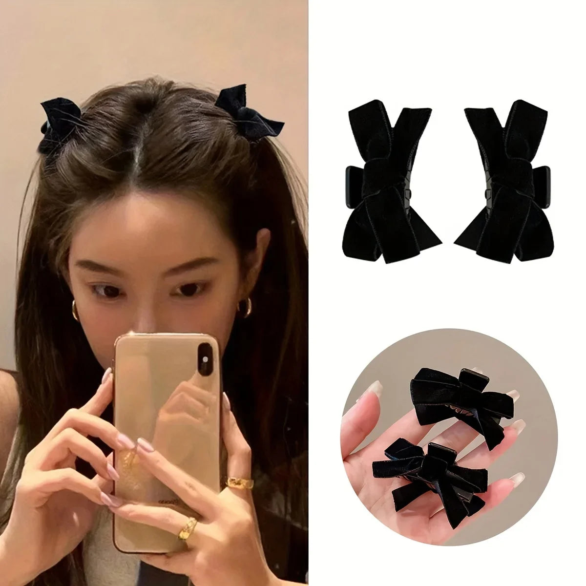 Black Velvet Bow Hair Claw Clips – Celebrity Style 2pcs Set