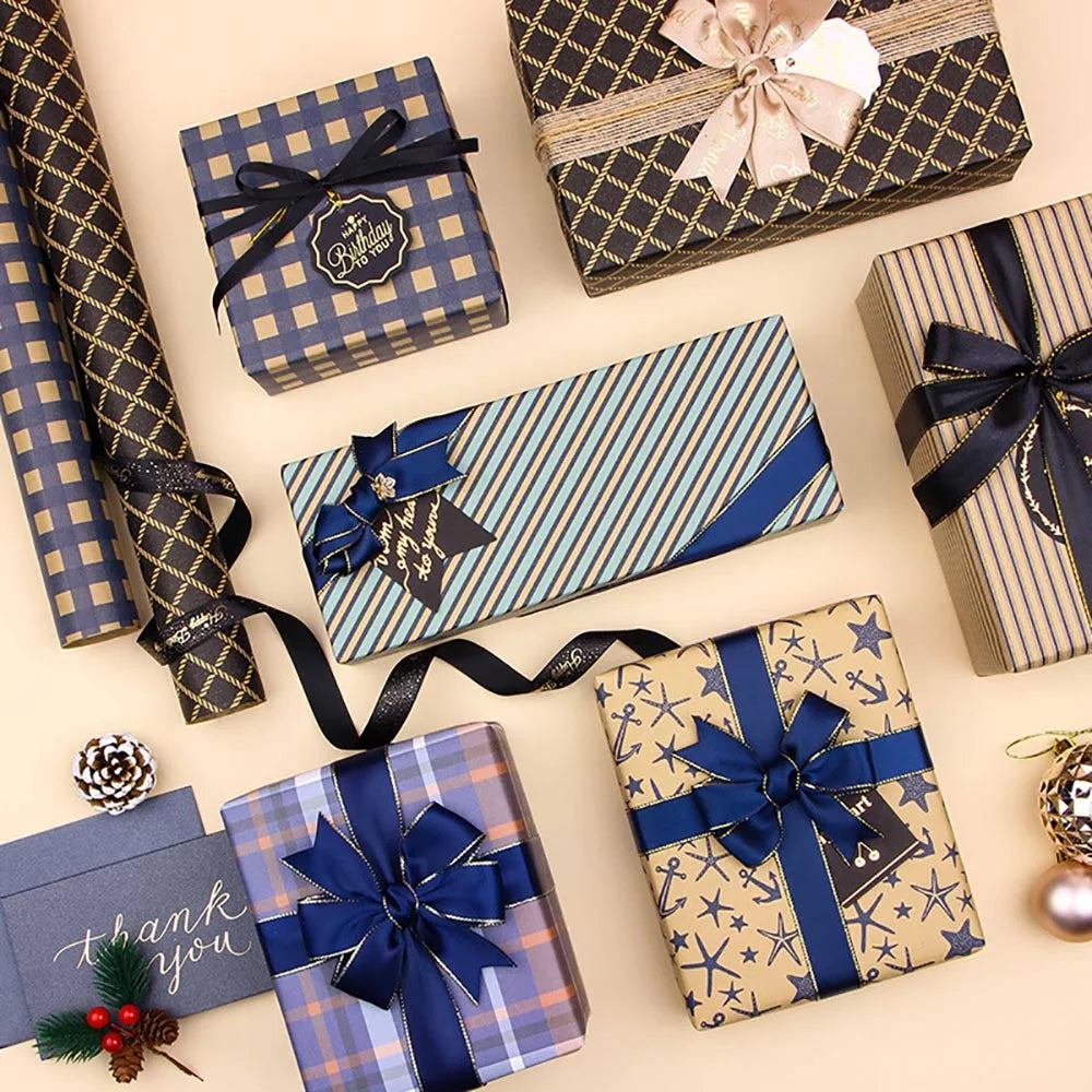 70x50cm Retro Wrapping Paper Blue Grid Wave Sea Star Pattern Bouquet