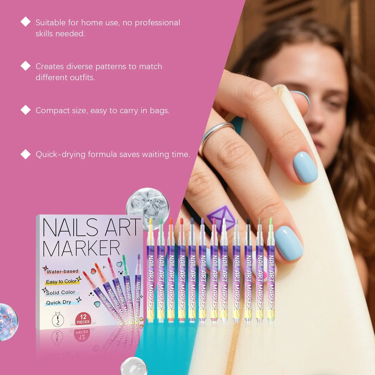 12pc Nail Art Graffiti Pens – Waterproof Quick-Dry DIY Liner