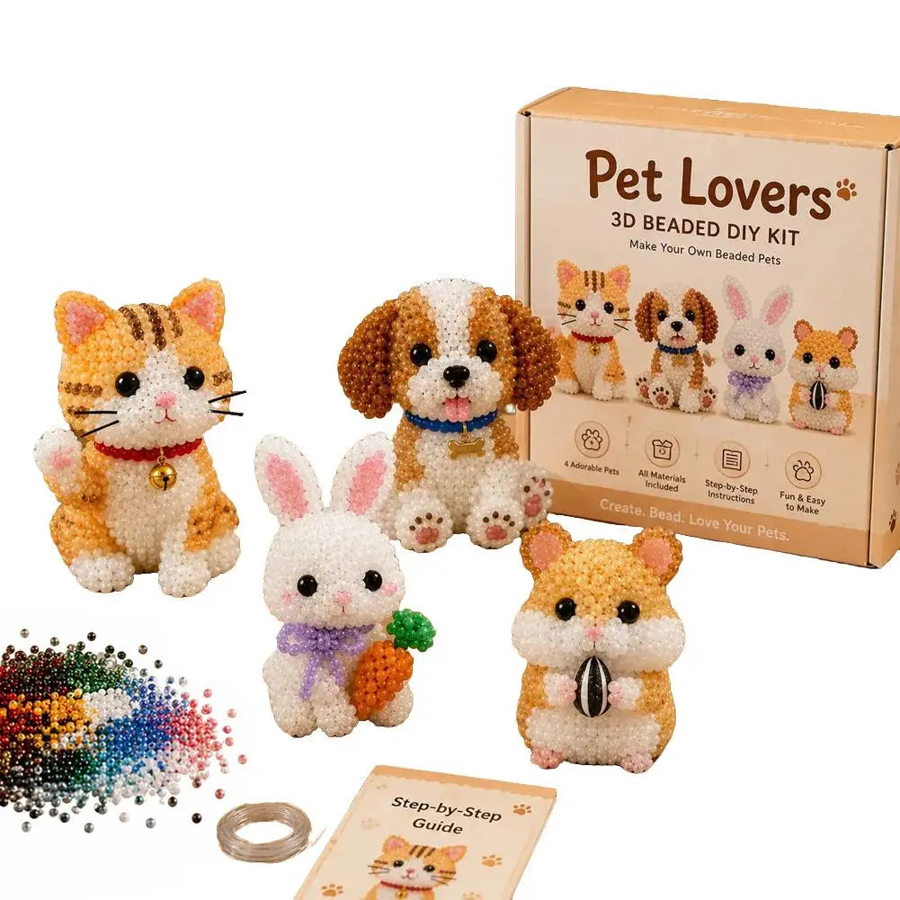 3D Bead Art Animal DIY Kit – 4-Piece Beadwork Craft Set