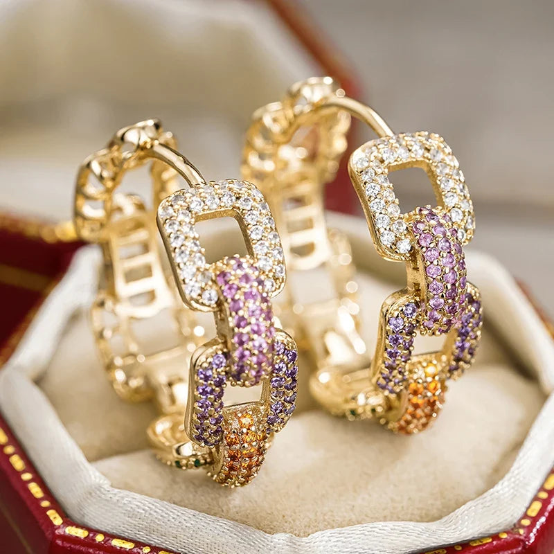 Huitan CZ Hoop Earrings – Gold Chain Linked Circle for Women