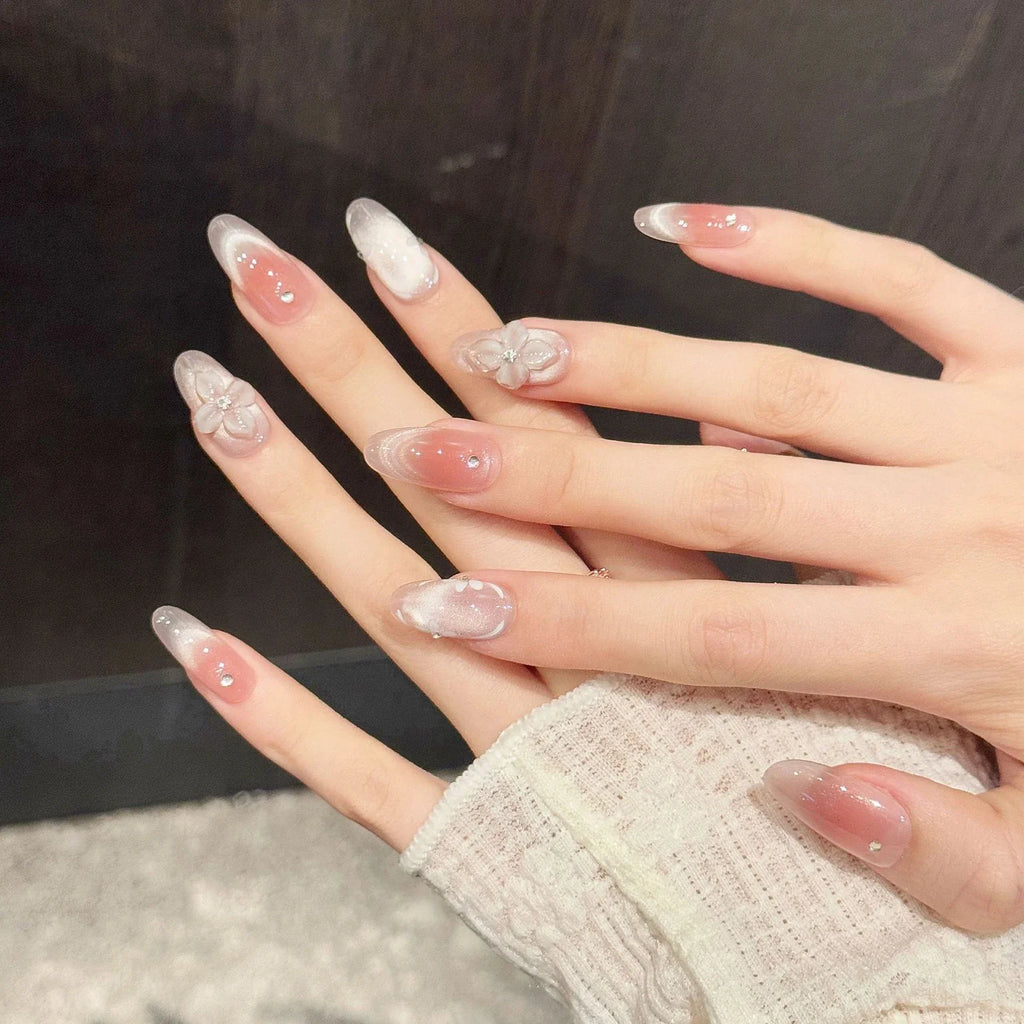 Handmade Press On Nails French Cat's Eye 3D Floral Tips 10pcs
