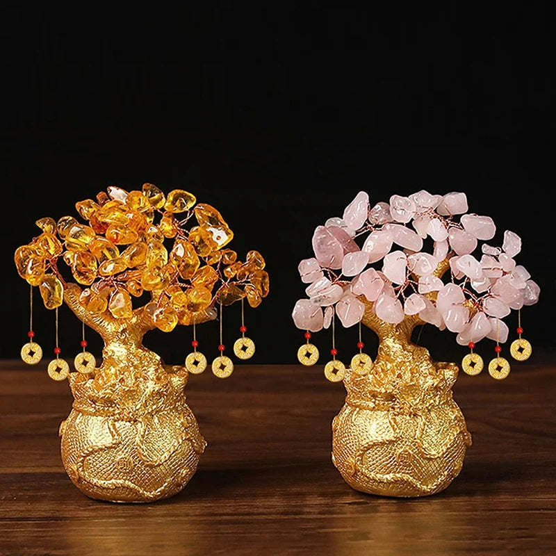 Yellow Crystal Money Tree Feng Shui Wealth Bonsai Ornament