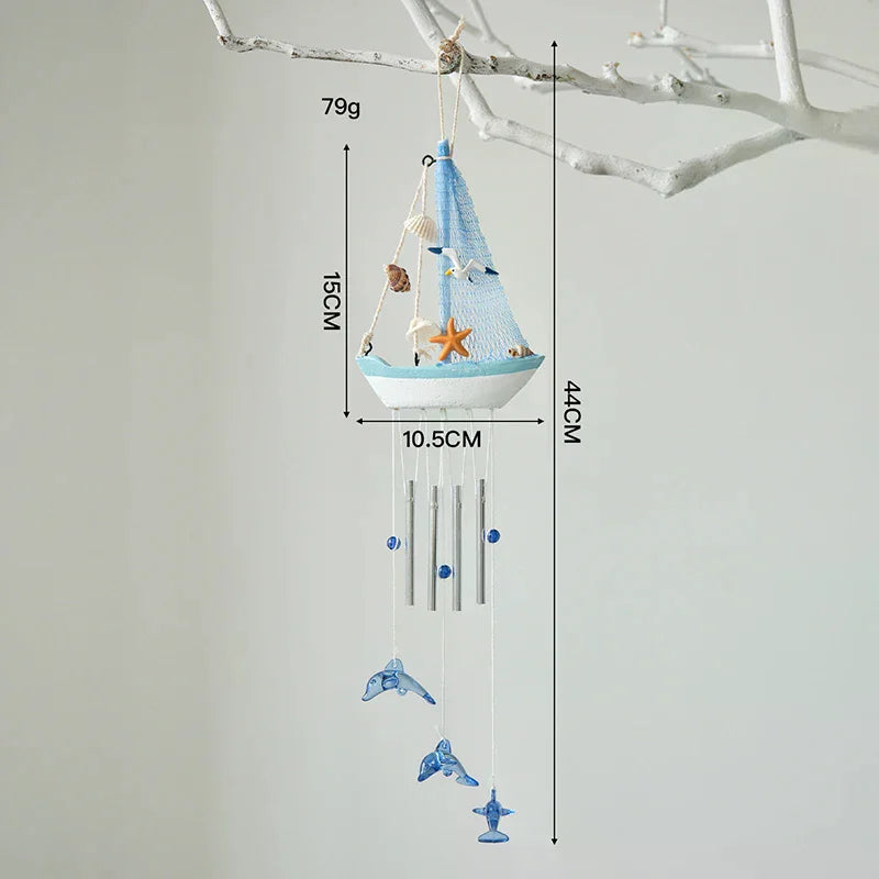 Mediterranean Wooden Sailboat Wind Chime Hanging Ornament