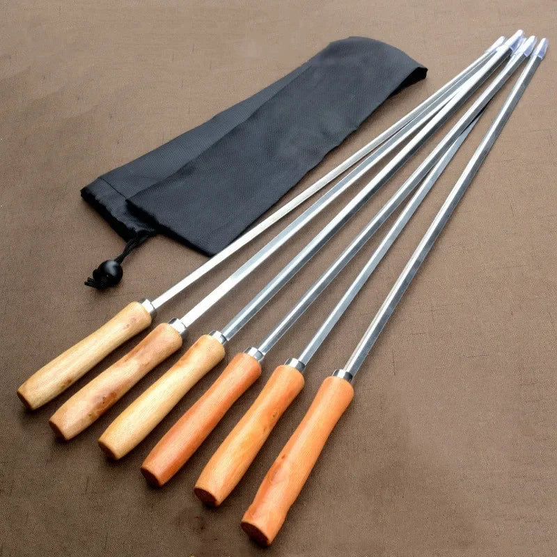 6-Pc 50cm V-Type BBQ Skewers – Stainless Steel Wood Handle