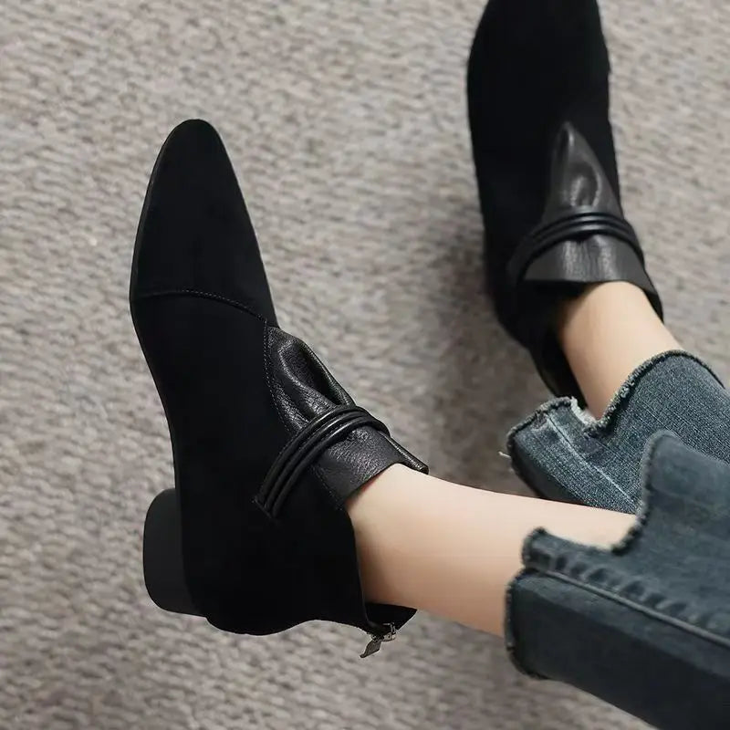 Women's Suede Ankle Boots | Pointed Toe Double Buckle Side Zip