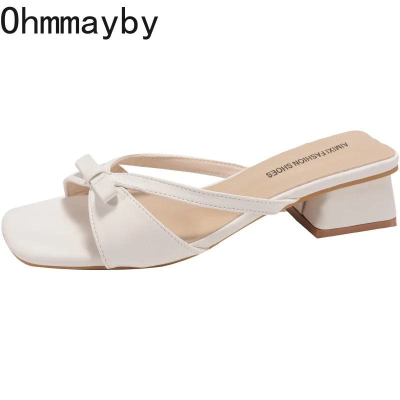 Women's Butterfly-Knot Square Toe Low Heel Mule Slides