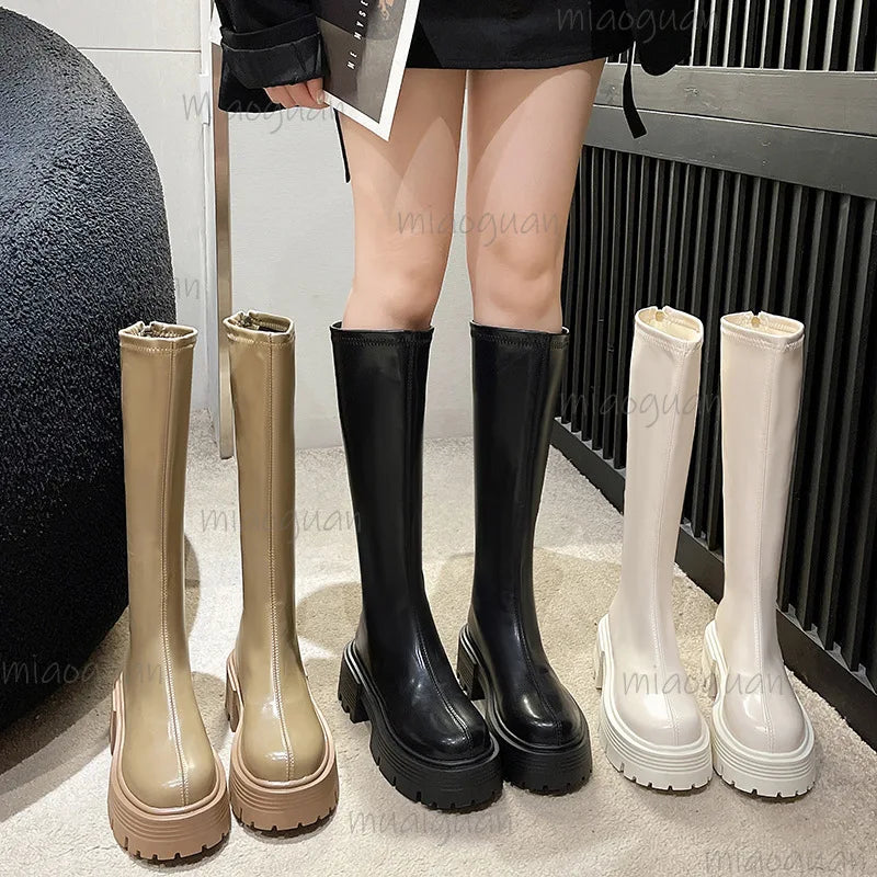 Women's Retro Knee High Boots – Thick Sole & Back Zipper