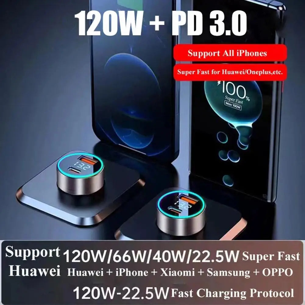 120W PD 20W USB-C Car Charger Fast Charging Dual Port Adapter