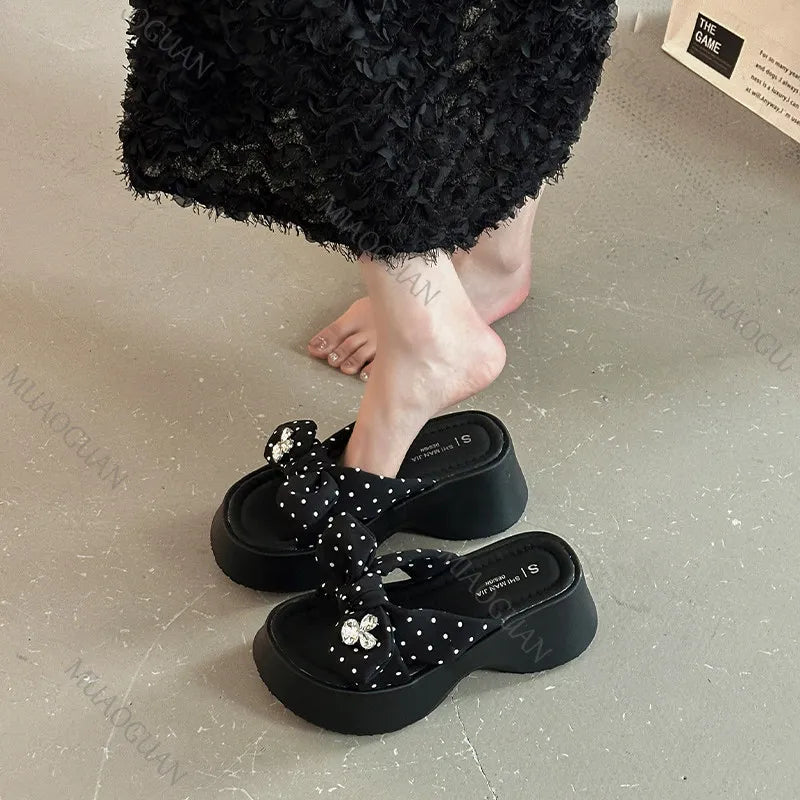 Women's 7CM Wedge Platform Slippers – Rhinestone Bow Sandals