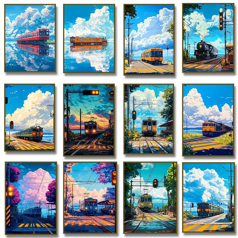 Japanese Anime Landscape Canvas Print | Tram Train Ocean Wall Art