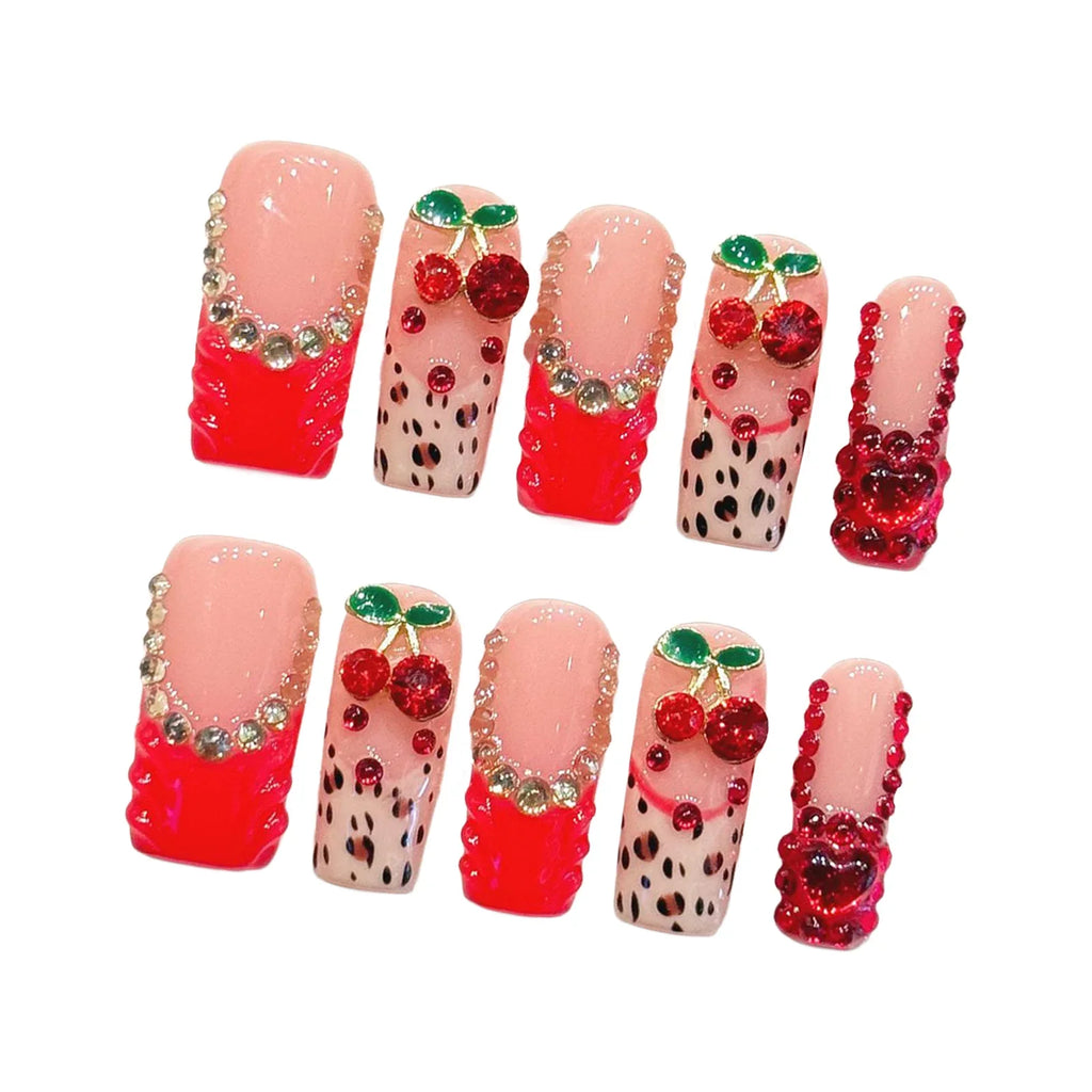 Cherry Red Leopard Press On Nails | Glitter Rhinestone French