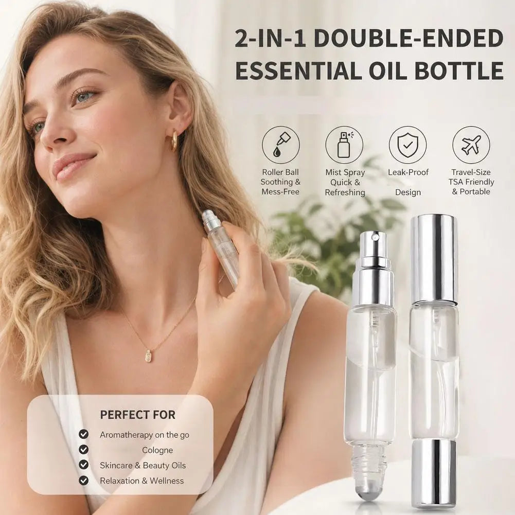 Dual-End 10ml Refillable Glass Bottle – Sprayer & Roller Top