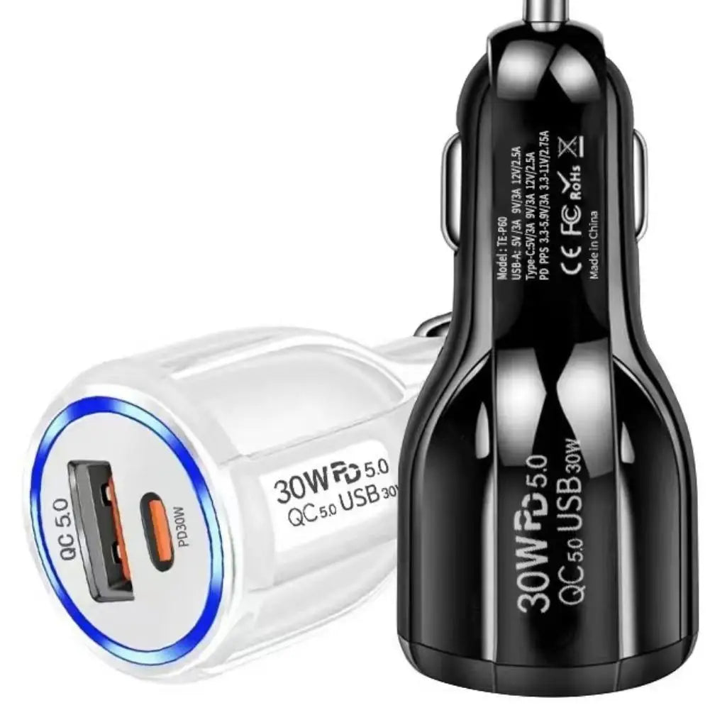 Dual-Port Car Charger QC5.0 & PD 30W Fast Charging