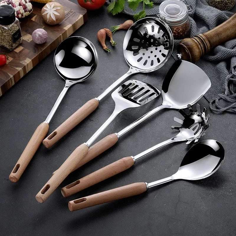 6-Piece Wooden Handle Stainless Steel Kitchen Utensil Set