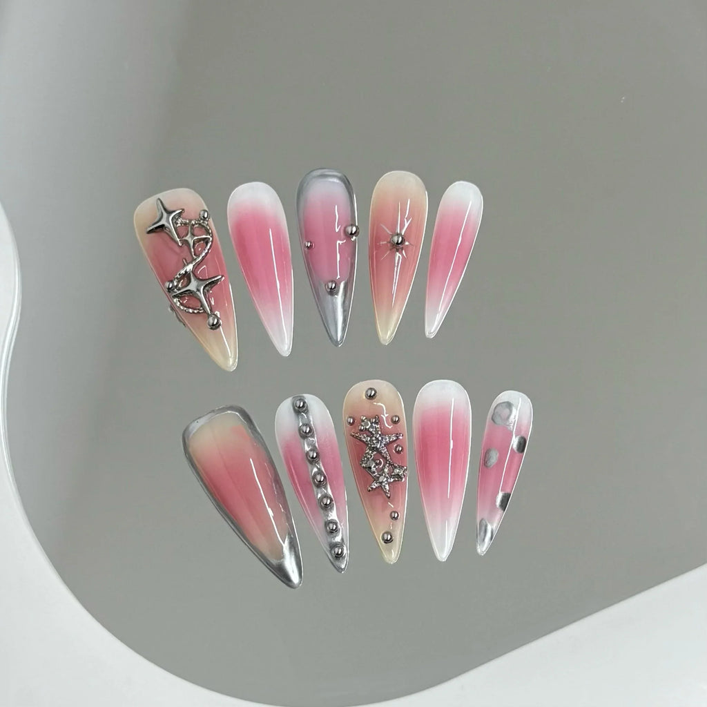 Y2K Pink Blush Press On Nails | 3D Star Long Pointed Tips Set