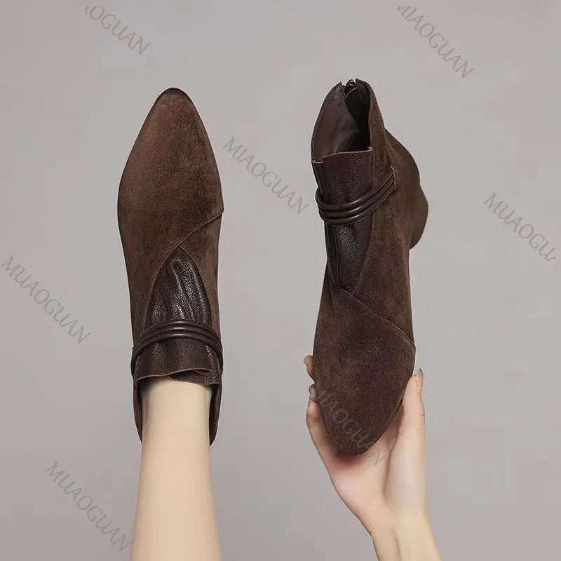 Women's Suede Ankle Boots | Pointed Toe Double Buckle Side Zip