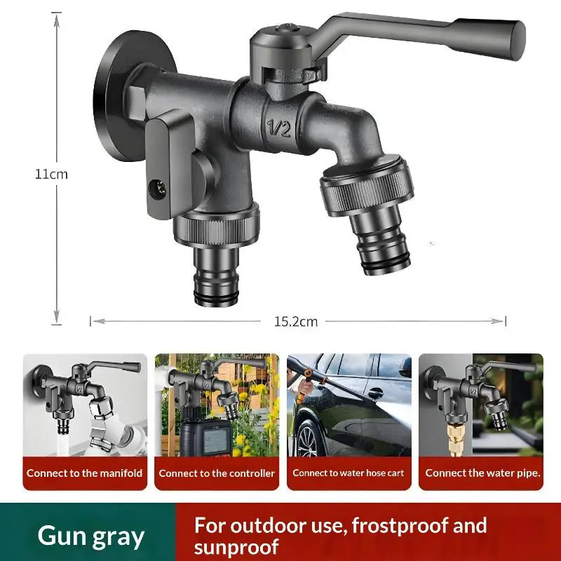 Freeze-Proof 2-Way Garden Faucet – Dual Outlet Zinc Alloy Tap