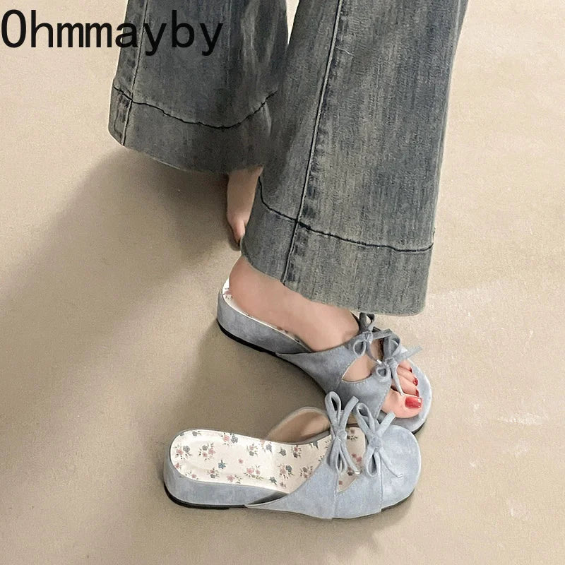 Women's Floral Butterfly-Knot Wedge Slippers | Summer Slides