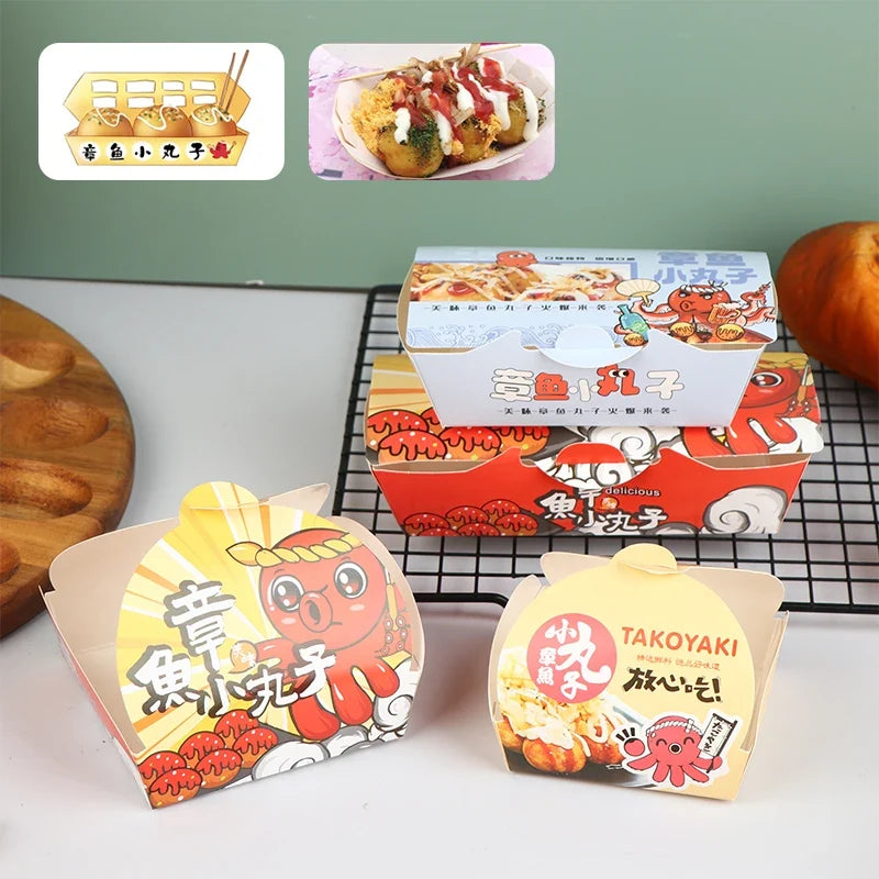 50-Pack Takoyaki Boxes – Disposable Octopus Ball Packaging
