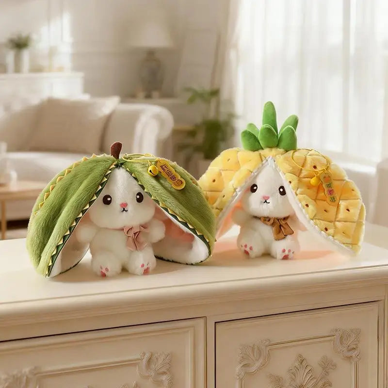 Cute 2 1 Transformable Fruit Rabbit Plush Keychain Soft Fluffy Bunny