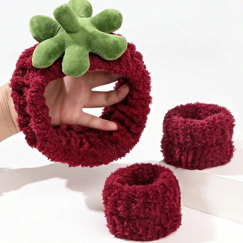Strawberry Terry Cloth Headband & Wristband Set – 3 Pcs